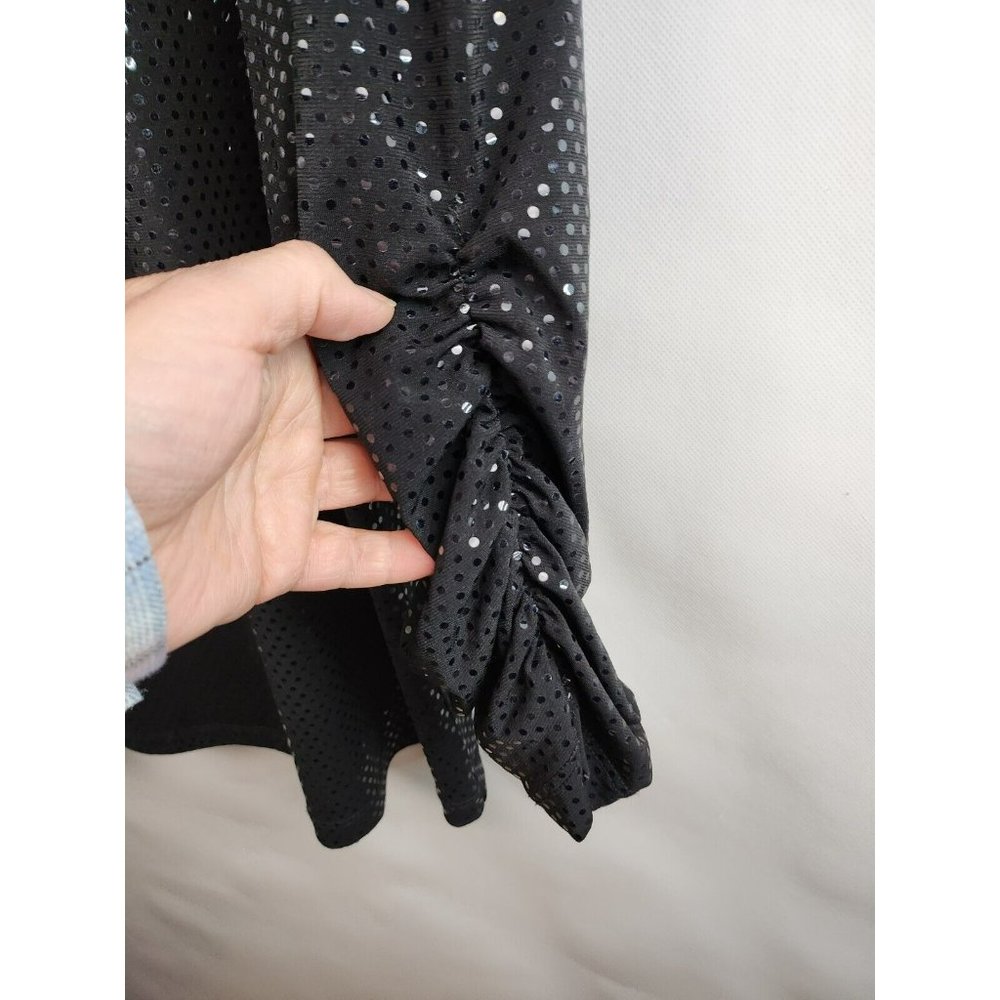 Susan Graver Black Sequined Liquid Knit Ruched Sleeve Top Size Large - Picture 2 of 6